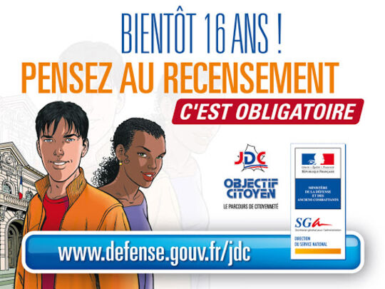 Affiche représentant deux jeunes de 16 ans devant penser au recensement obligatoire.